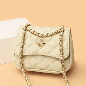 Brand New Genuine Leather Quilted Small Crossbody Bag, Flap Closure Beige